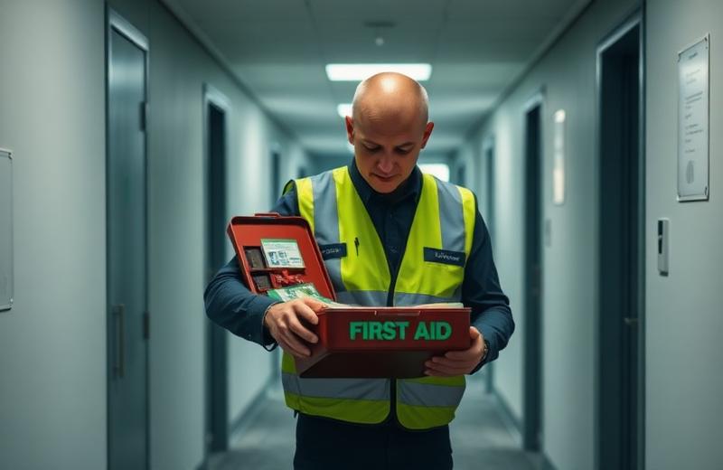 BHV'er met veiligheidshesje opent een EHBO-koffer in een kantoorgang