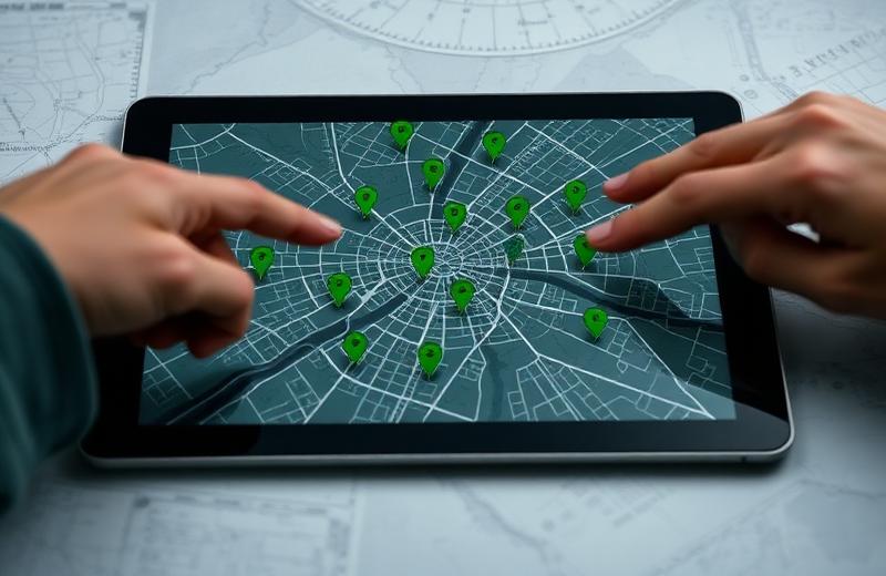 Tablet met stadsplattegrond en groene markers
