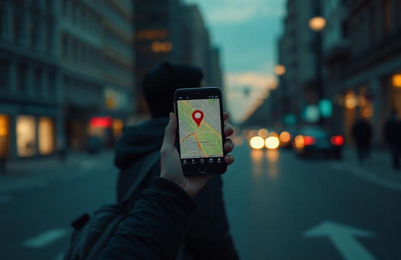 Persoon met telefoon met kaart en locatiepin op straat in de schemering