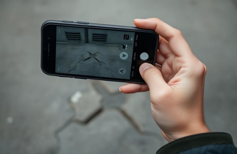 Iemand fotografeert een losliggende stoeptegel met de telefoon