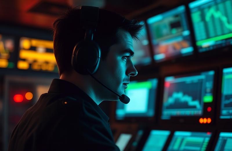 Meldkamercentralist met headset achter schermen