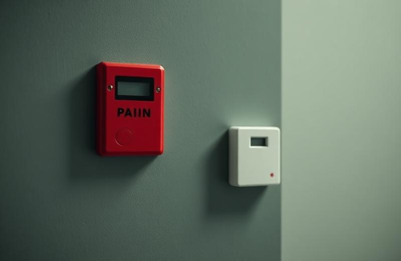 Rode noodknop en alarmsensor aan een muur